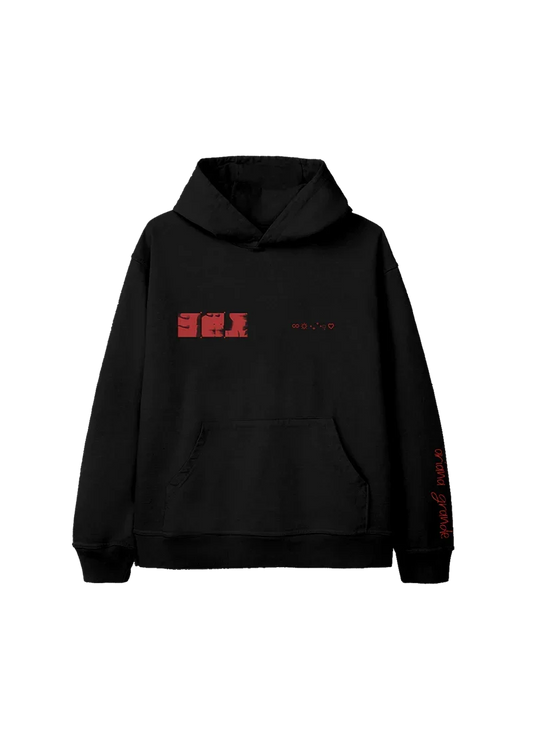 Black Ariana Grande eternal sunshine hoodie with red minimalist photo grid graphic and celestial symbols front view
