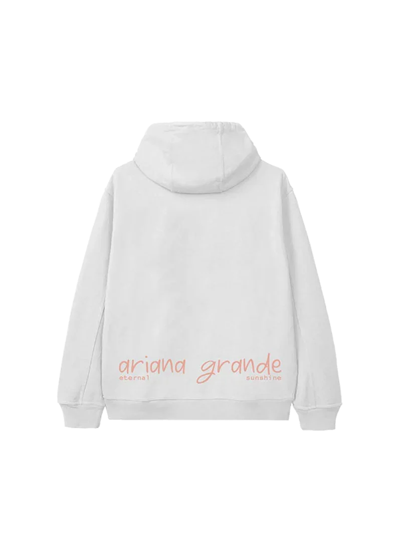 Back view of Ariana Grande eternal sunshine hoodie with soft pink handwritten logo and minimalist design