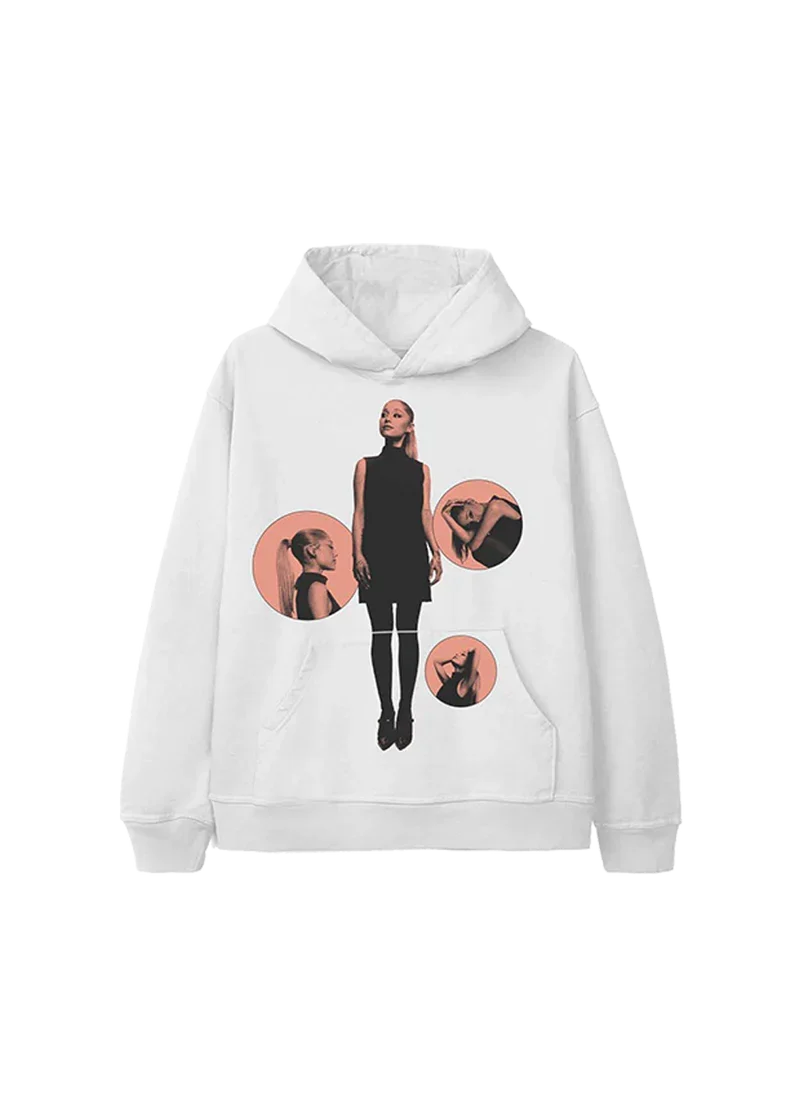 White Ariana Grande eternal sunshine hoodie front view with dreamy pink bubble portrait collage graphic