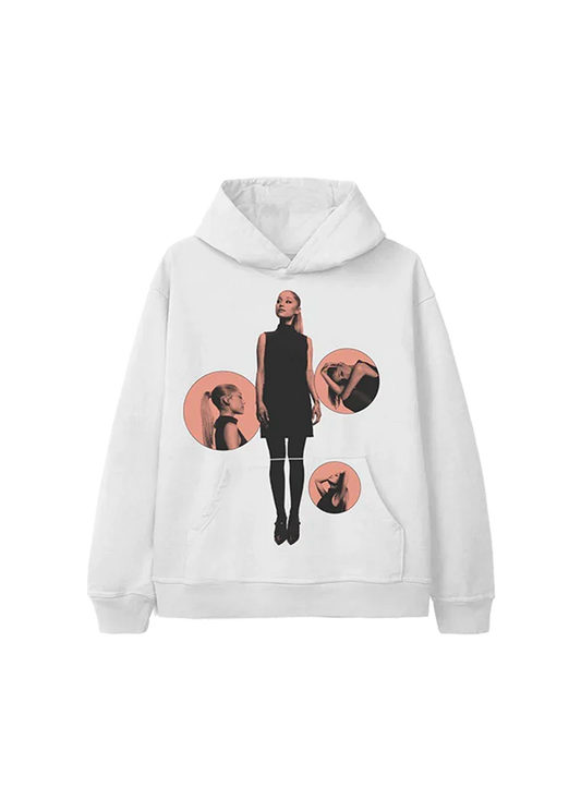 White Ariana Grande eternal sunshine hoodie front view with dreamy pink bubble portrait collage graphic