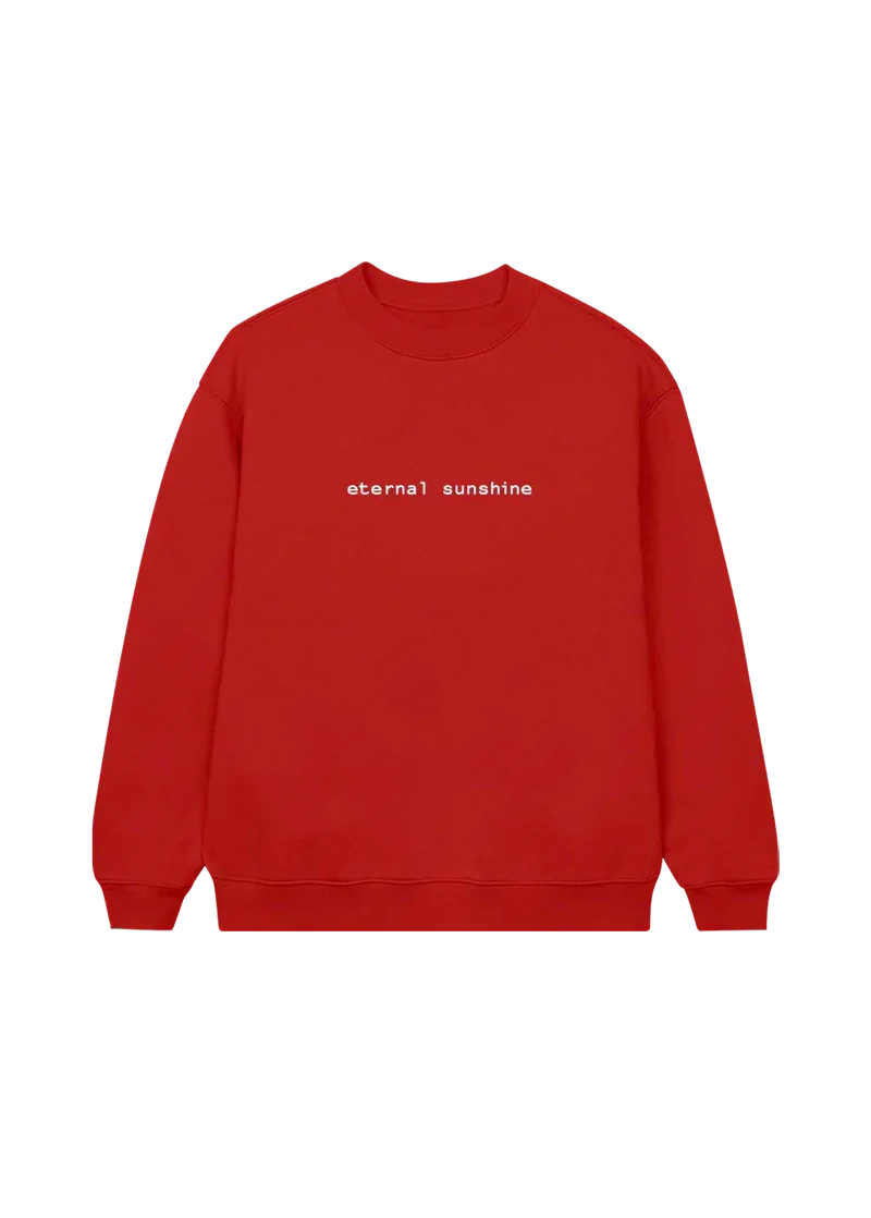 Red Ariana Grande eternal sunshine crewneck with minimalist white logo embroidery and clean album-inspired aesthetic