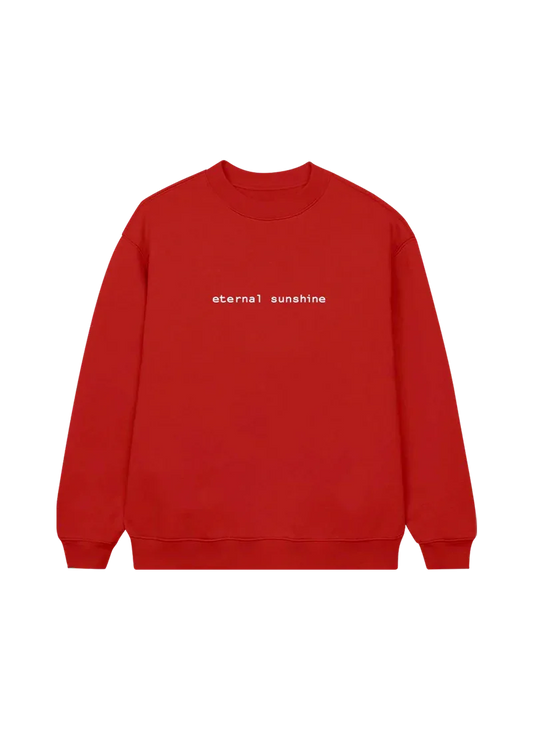 Red Ariana Grande eternal sunshine crewneck with minimalist white logo embroidery and clean album-inspired aesthetic