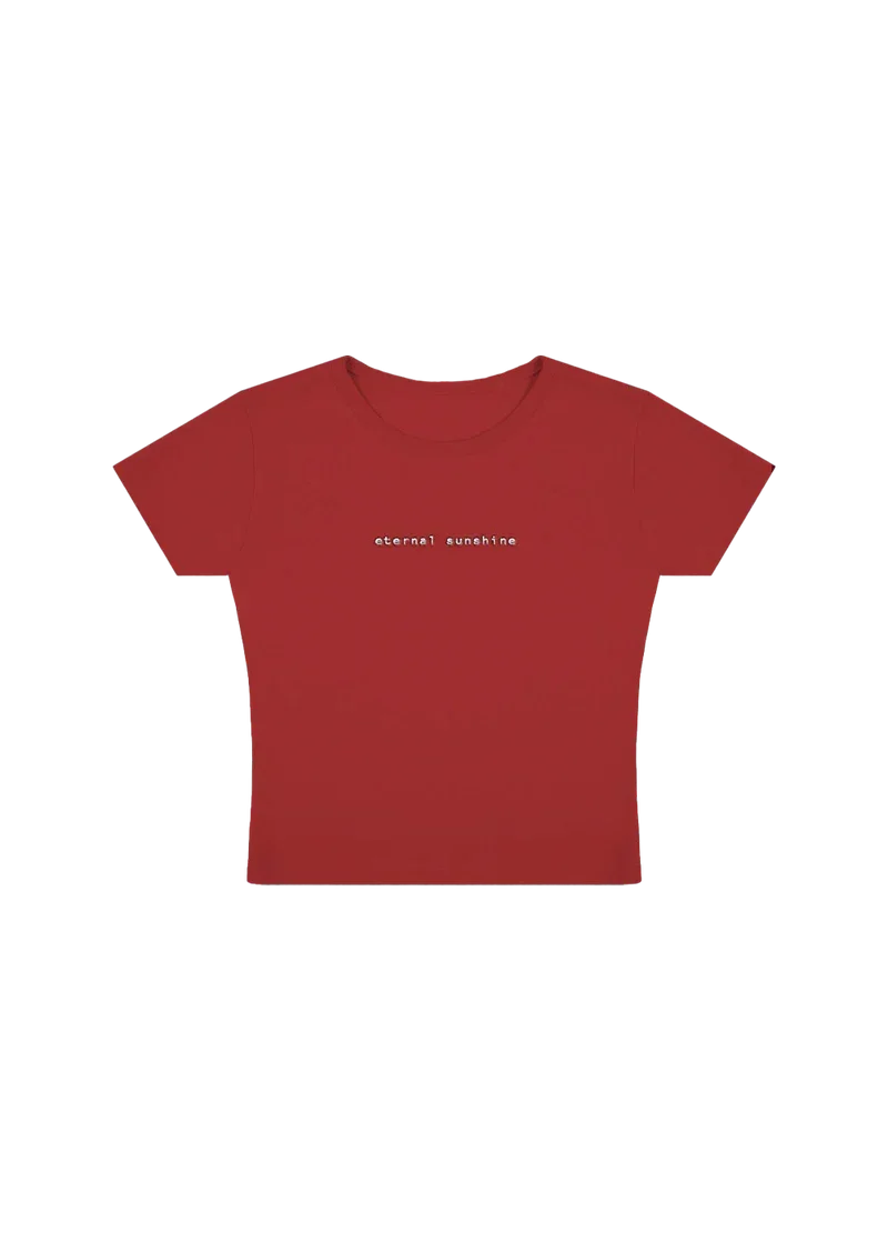 Red Ariana Grande eternal sunshine cropped t-shirt with minimalist white logo embroidery and sleek album-inspired aesthetic
