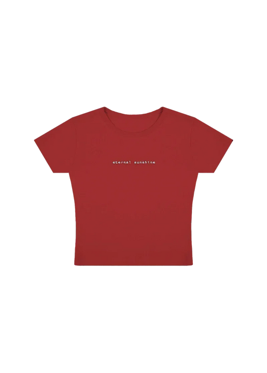 Red Ariana Grande eternal sunshine cropped t-shirt with minimalist white logo embroidery and sleek album-inspired aesthetic