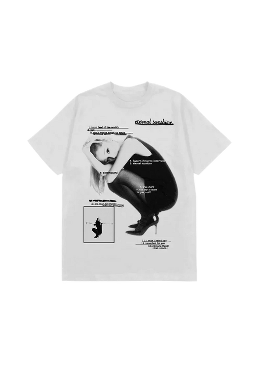 White Ariana Grande eternal sunshine tracklist T-shirt front view with monochrome album artwork and song list graphic