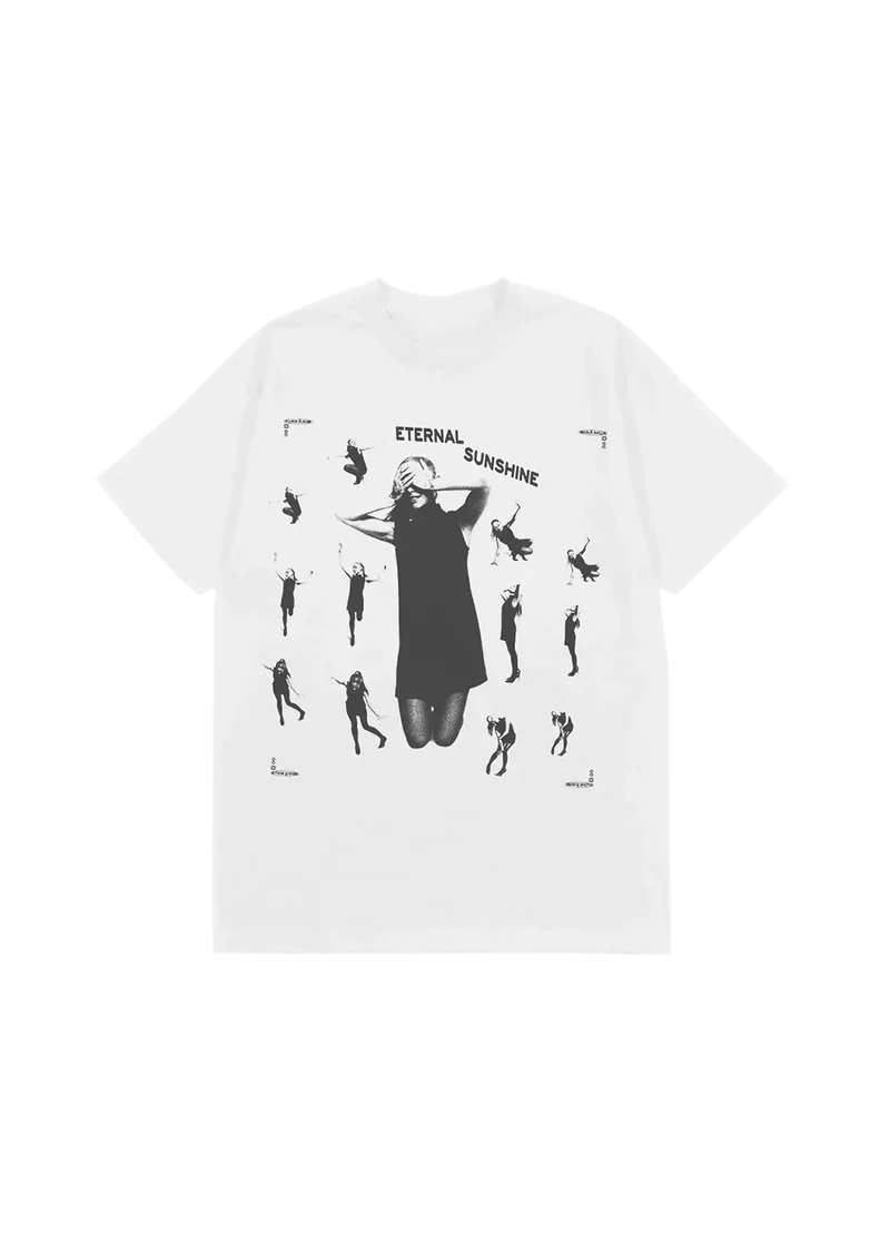 White Ariana Grande eternal sunshine t-shirt with monochrome photo collage graphic and minimalist album-inspired design