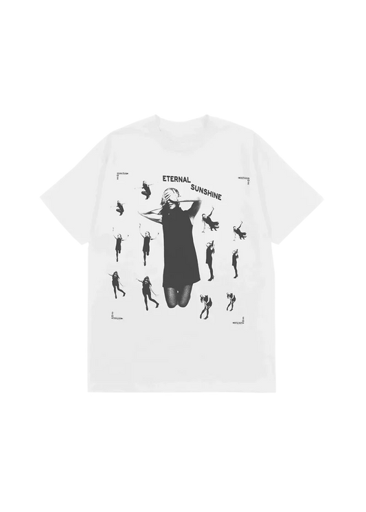 White Ariana Grande eternal sunshine t-shirt with monochrome photo collage graphic and minimalist album-inspired design