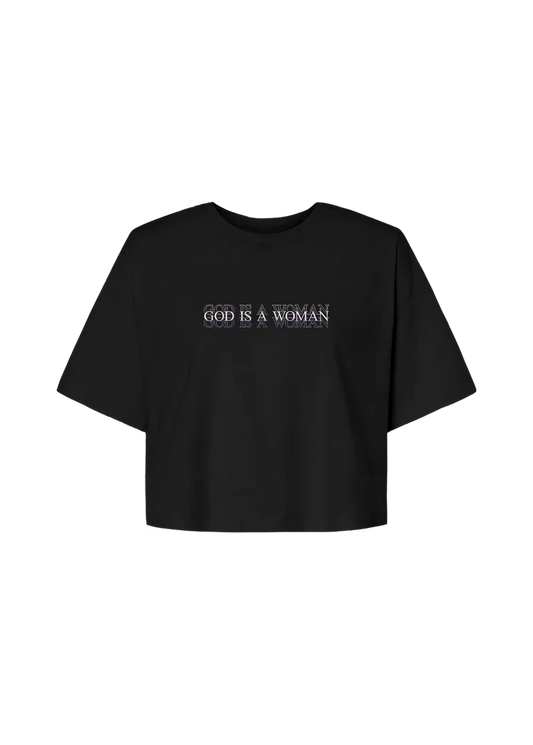 Black Ariana Grande God Is A Woman cropped T-shirt with minimalist layered text graphic and relaxed modern fit