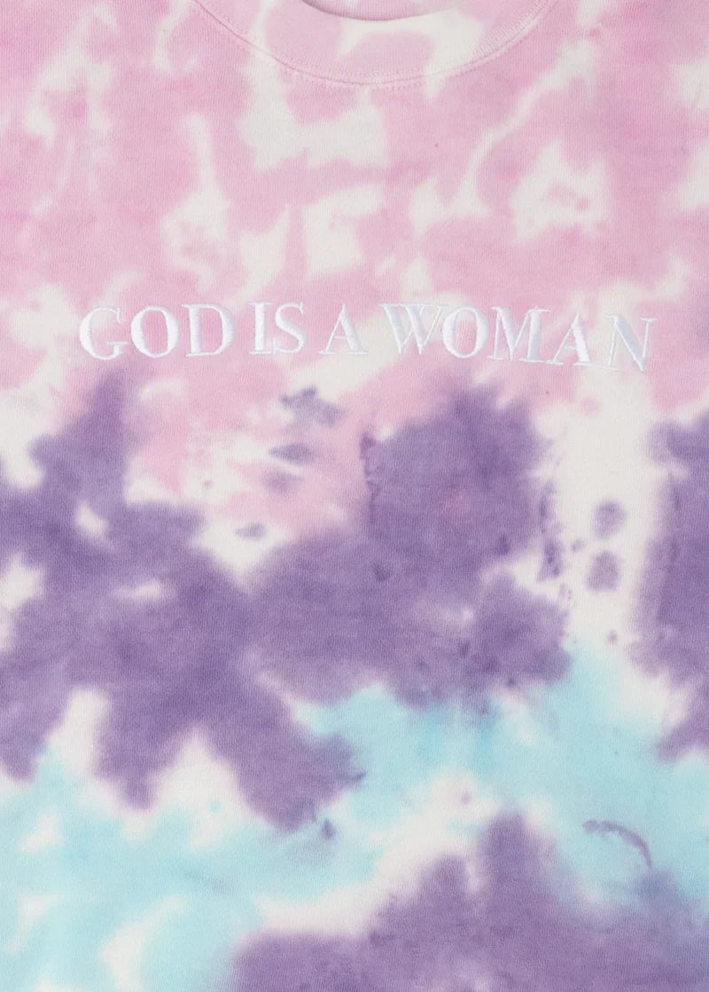 Close-up detail of Ariana Grande God Is a Woman pastel tie-dye crewneck with white embroidered typography