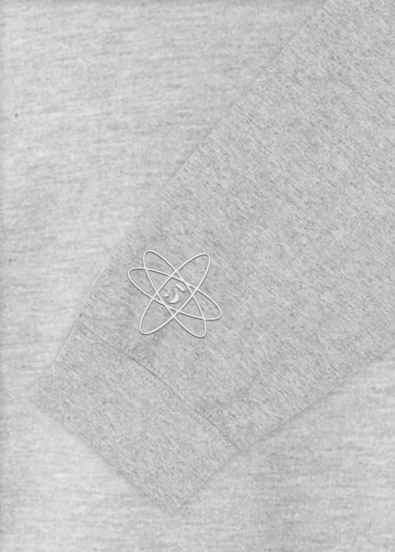 Ariana Grande grey crewneck sleeve detail featuring embroidered atomic symbol anniversary graphic