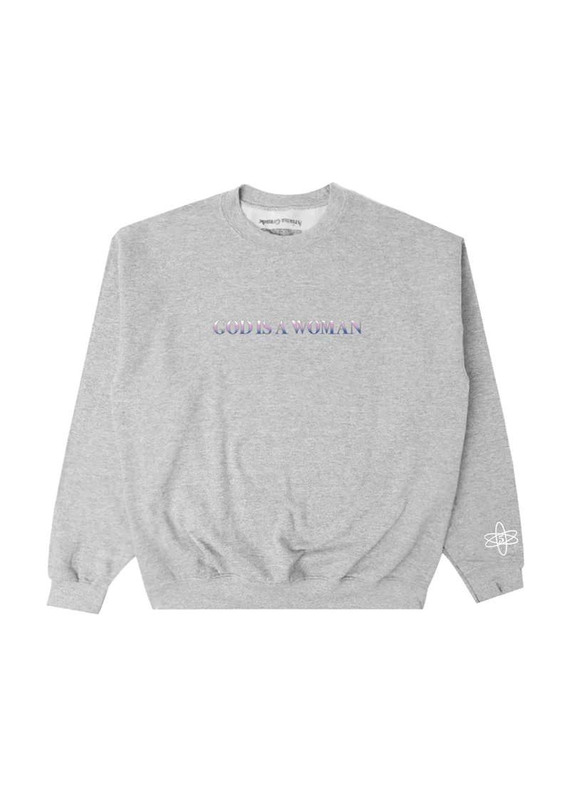 Ariana Grande God Is a Woman grey crewneck sweatshirt with pastel puff print logo graphic front view
