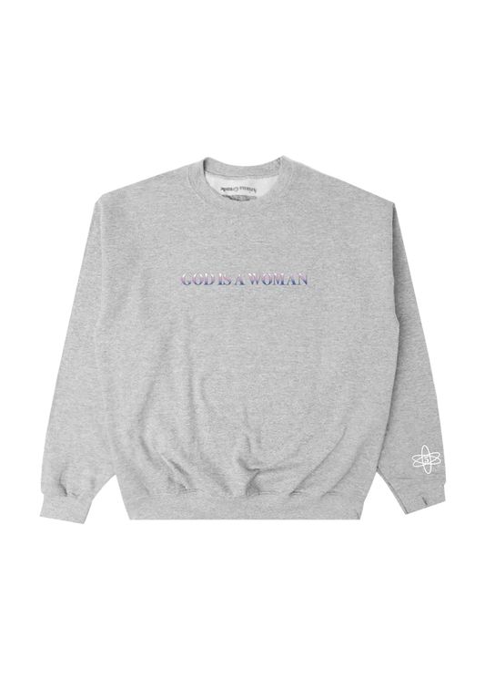 Ariana Grande God Is a Woman grey crewneck sweatshirt with pastel puff print logo graphic front view