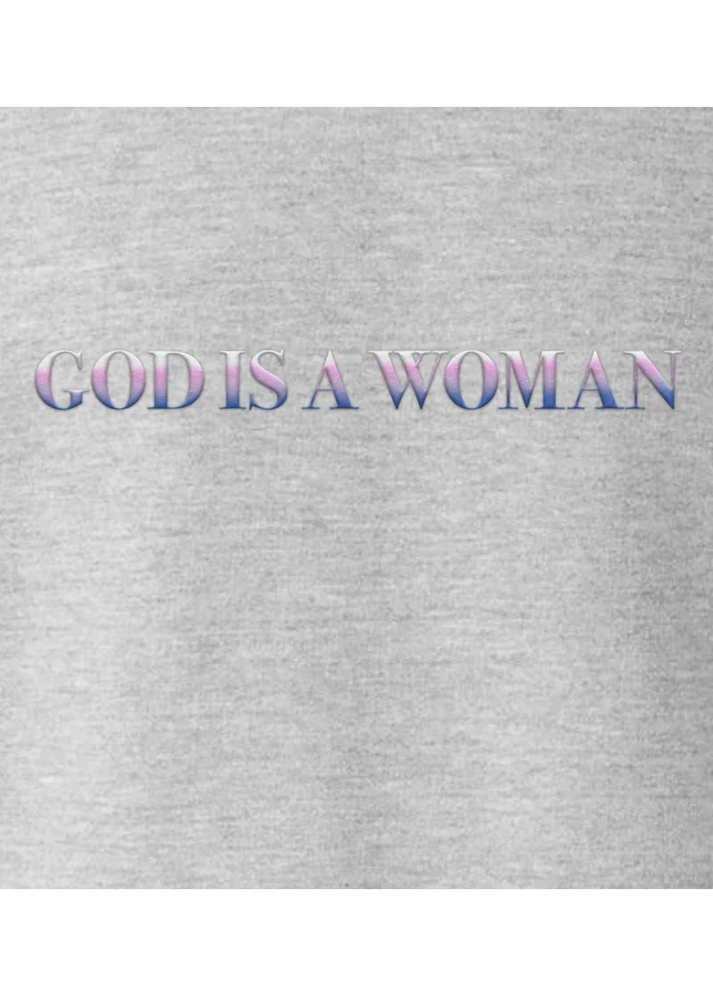 Ariana Grande God Is a Woman crewneck close-up with pastel gradient puff print text graphic detail