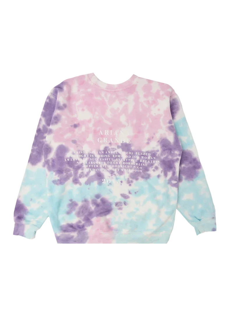 Back view of Ariana Grande God Is a Woman tie-dye crewneck featuring Sweetener album tracklist graphic