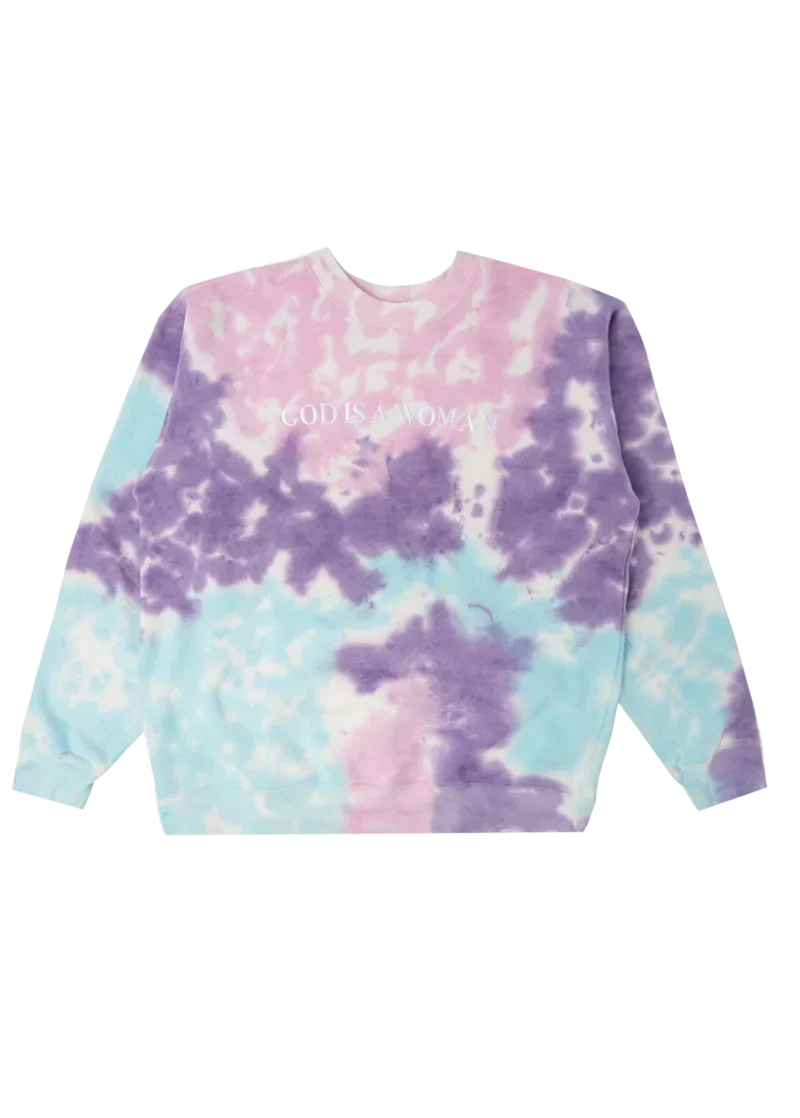 Pastel tie-dye Ariana Grande God Is a Woman crewneck with embroidered white logo and dreamy Sweetener aesthetic