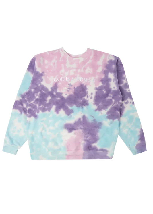 Pastel tie-dye Ariana Grande God Is a Woman crewneck with embroidered white logo and dreamy Sweetener aesthetic