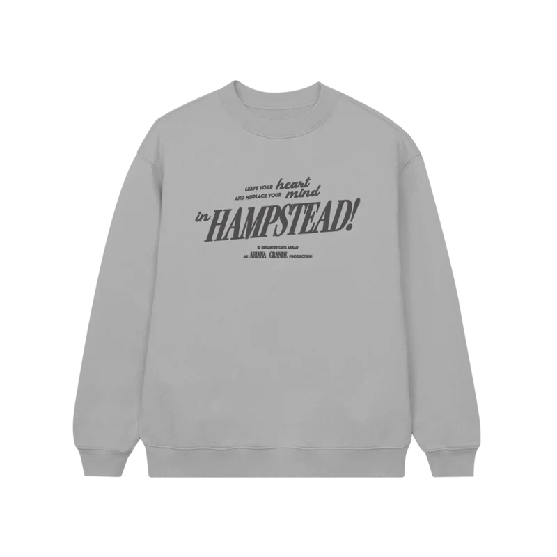 Grey Ariana Grande Hampstead crewneck with vintage-inspired typography graphic and minimalist soft glam aesthetic