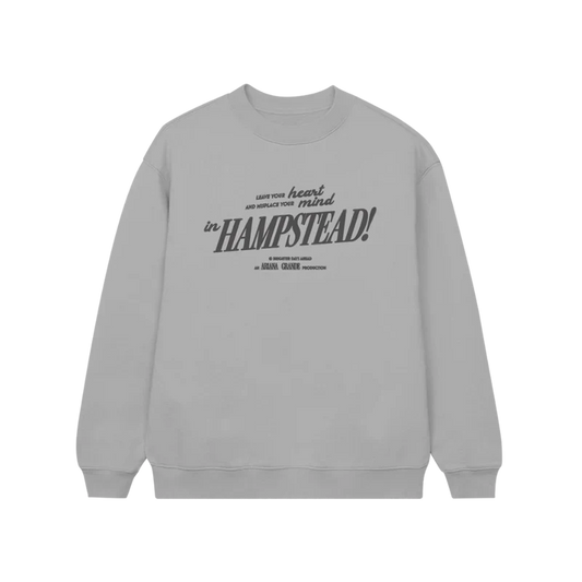 Grey Ariana Grande Hampstead crewneck with vintage-inspired typography graphic and minimalist soft glam aesthetic