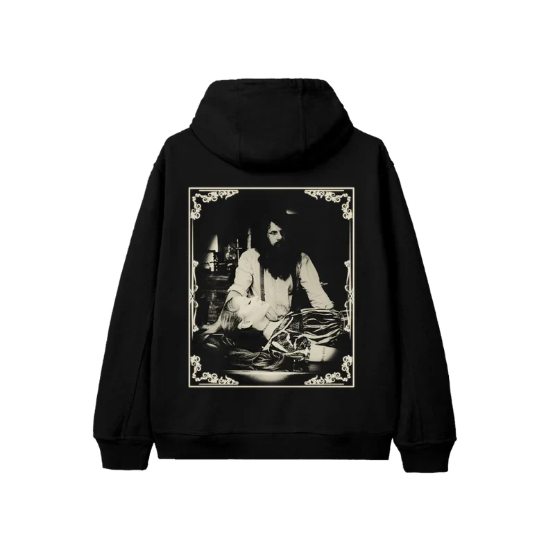 Back view of Ariana Grande Hampstead hoodie with vintage monochrome portrait artwork and ornate frame graphic