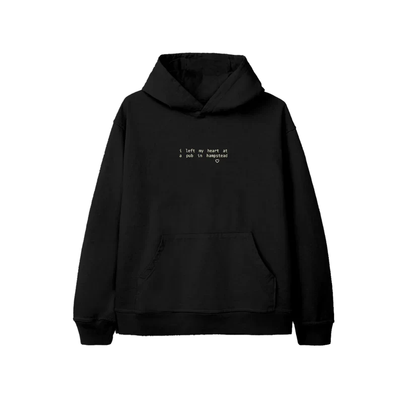 Black Ariana Grande Hampstead hoodie front view with minimalist lyric text inspired by eternal sunshine era