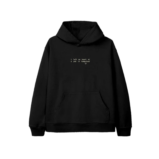 Black Ariana Grande Hampstead hoodie front view with minimalist lyric text inspired by eternal sunshine era