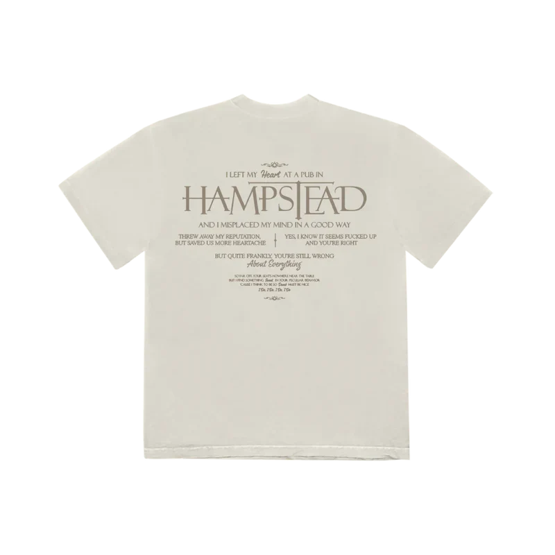 Back view of Ariana Grande Hampstead T-shirt with oversized lyric typography inspired by eternal sunshine deluxe era