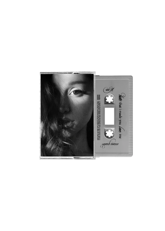 Ariana Grande hate that i made you love me fluffy tail gray cassette with black and white portrait cover artwork