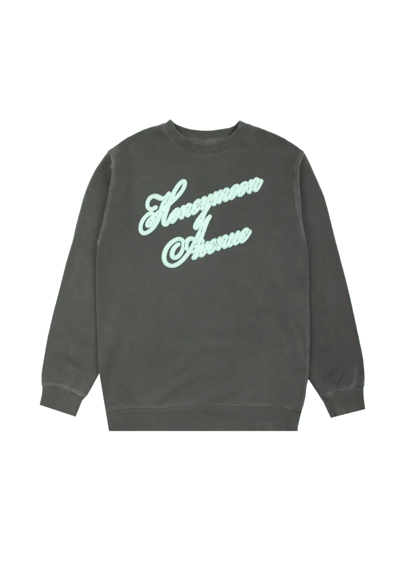 Charcoal Ariana Grande Honeymoon Avenue crewneck front view with oversized mint script graphic design