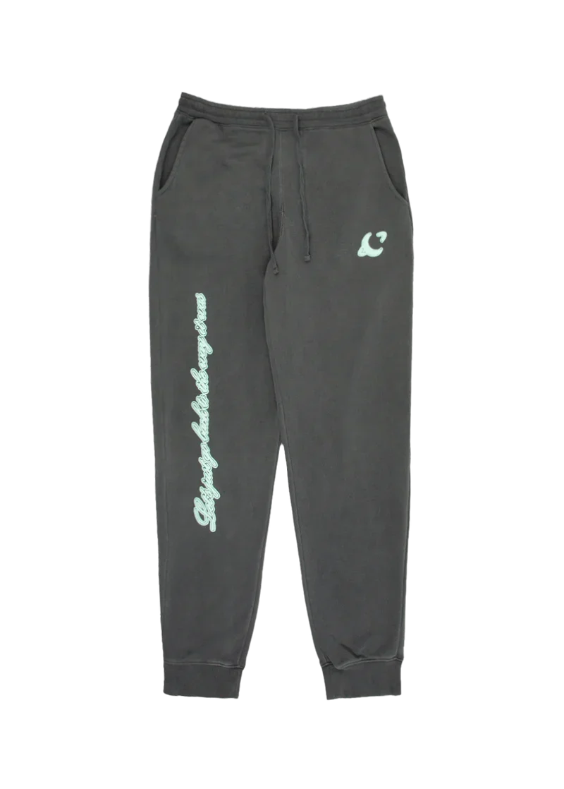 Charcoal Ariana Grande Honeymoon Avenue sweatpants front view with mint script leg graphic and relaxed fit