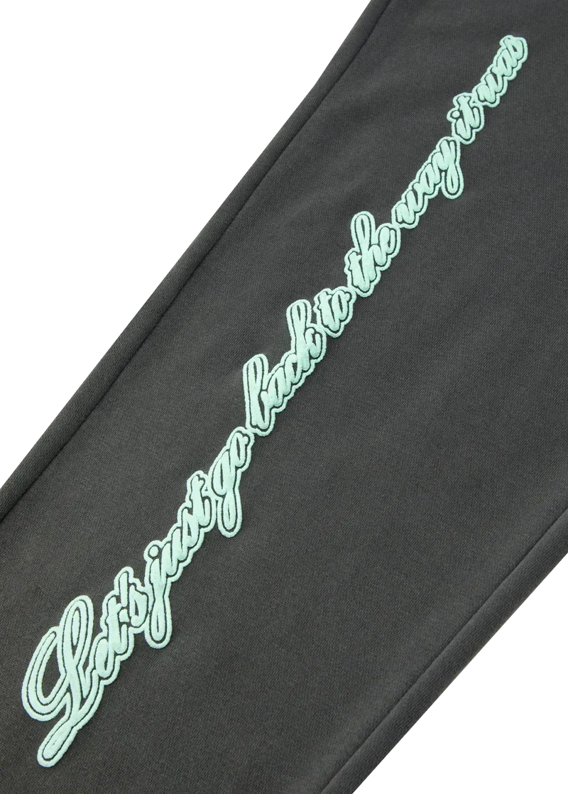 Closeup detail of Ariana Grande Honeymoon Avenue mint script print on charcoal anniversary sweatpants