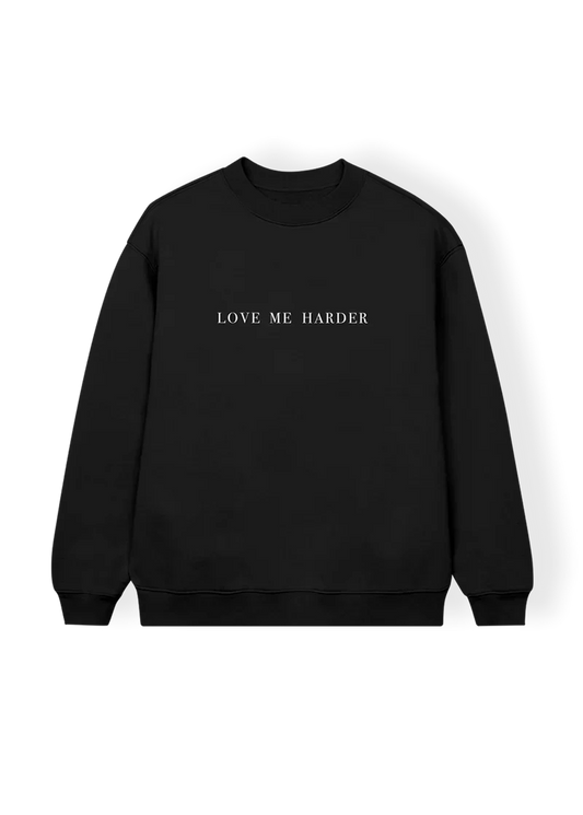 Black Ariana Grande Love Me Harder crewneck with minimalist white embroidered text and sleek My Everything aesthetic