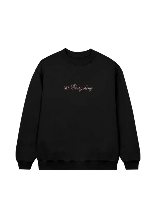 Black Ariana Grande My Everything 10th anniversary crewneck with soft pink puff print logo and minimalist design