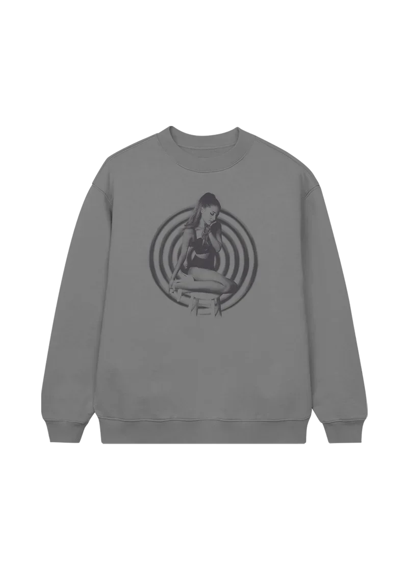 Grey Ariana Grande My Everything 10th anniversary crewneck with vintage monochrome portrait graphic front view