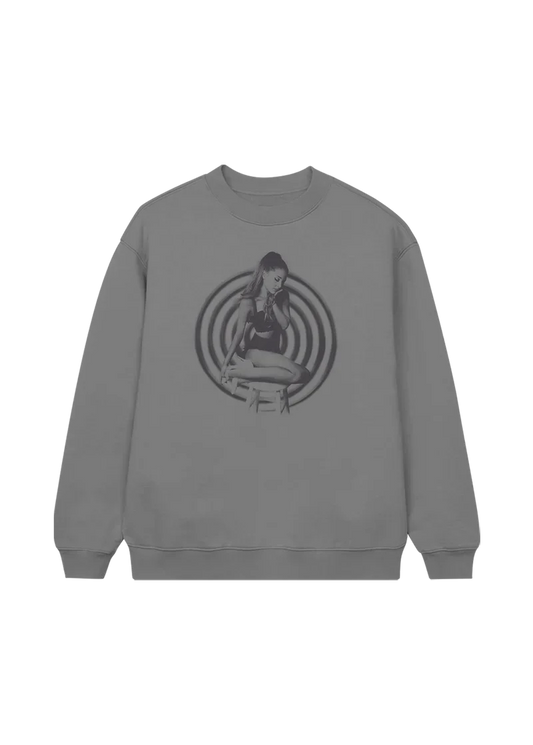 Grey Ariana Grande My Everything 10th anniversary crewneck with vintage monochrome portrait graphic front view