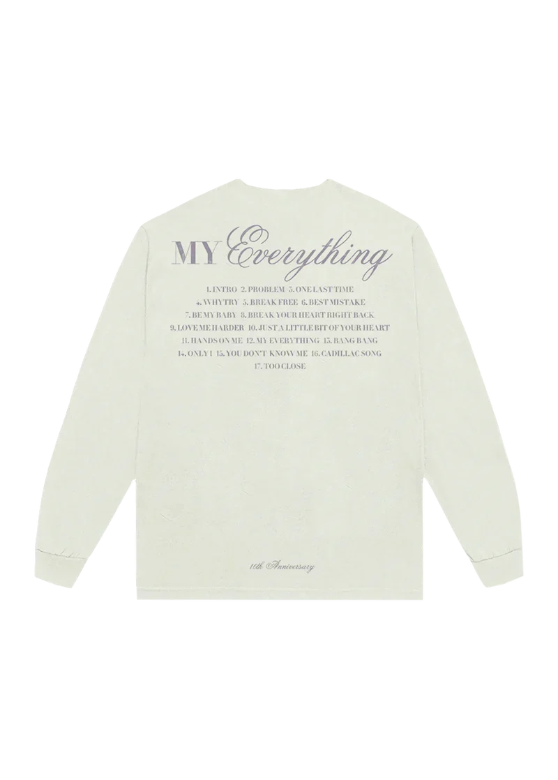 Back view of Ariana Grande My Everything anniversary long sleeve featuring album tracklist and lavender typography