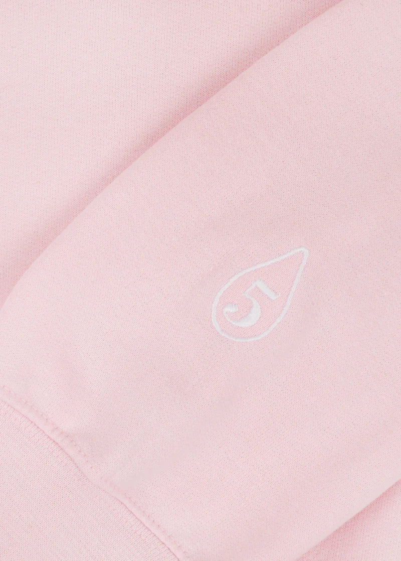 Ariana Grande pink crewneck sleeve detail featuring embroidered 5 year anniversary symbol graphic