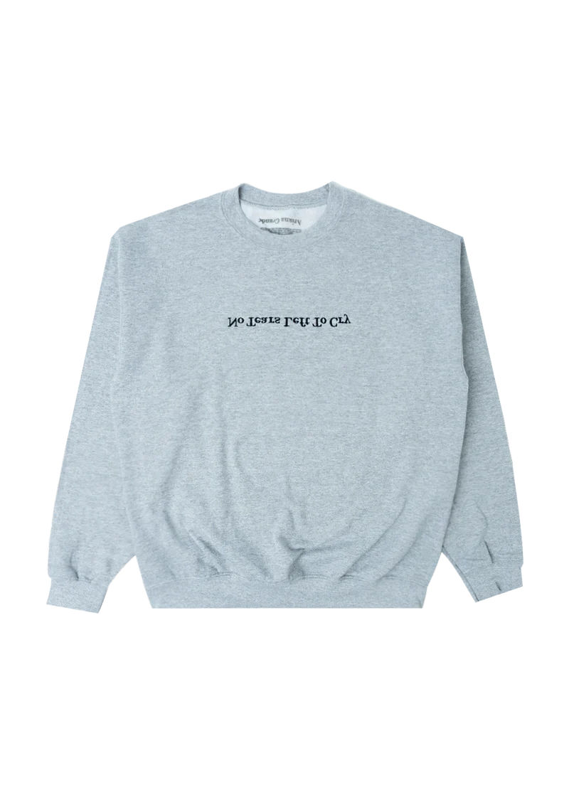 Grey Ariana Grande No Tears Left to Cry crewneck with upside-down embroidered text inspired by the Sweetener era
