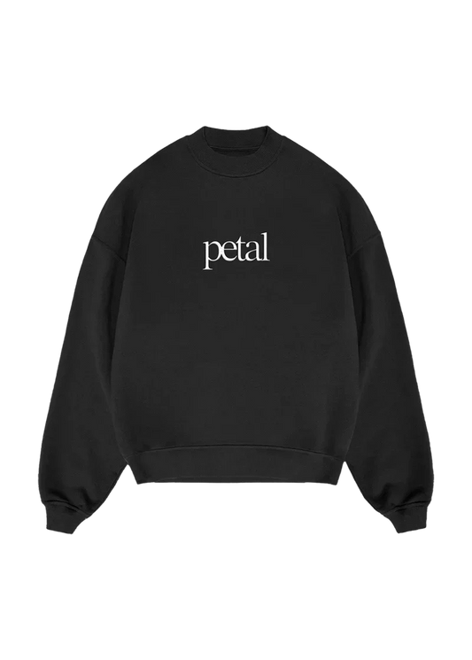 Ariana Grande Petal black crewneck sweatshirt with minimalist white logo graphic and oversized fit front
