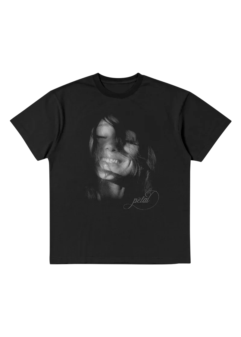 Ariana Grande Petal black t-shirt featuring monochrome portrait artwork and soft vintage inspired graphic front view