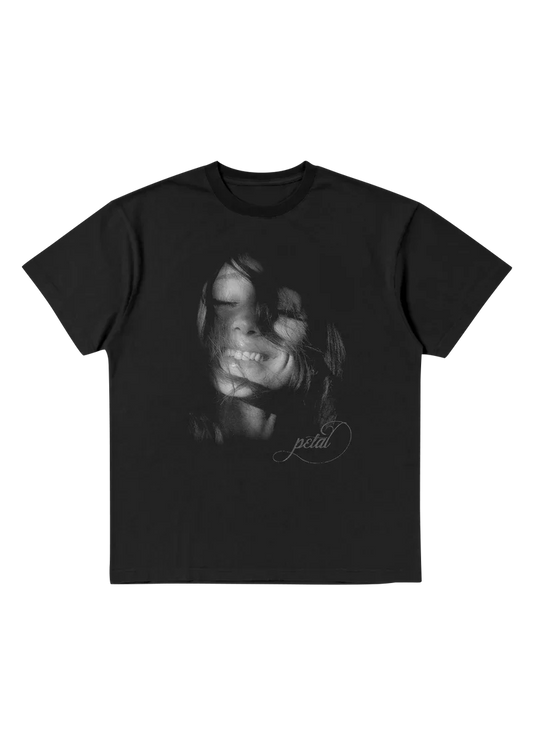 Ariana Grande Petal black t-shirt featuring monochrome portrait artwork and soft vintage inspired graphic front view