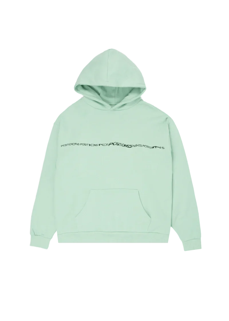 Mint green Ariana Grande Positions hoodie front view with minimalist repeating logo chest graphic