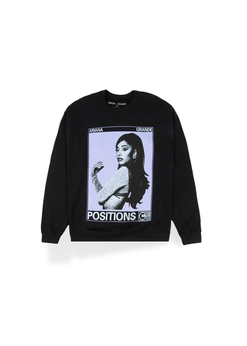 Black Ariana Grande Positions photo crewneck featuring monochrome portrait graphic and retro album-inspired streetwear design
