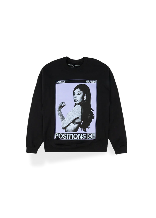 Black Ariana Grande Positions photo crewneck featuring monochrome portrait graphic and retro album-inspired streetwear design
