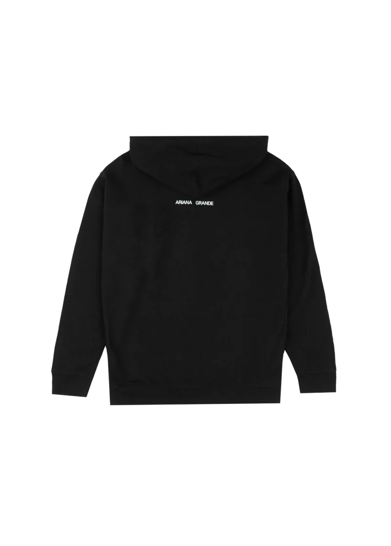 Back view of Ariana Grande Positions hoodie with minimalist Ariana Grande logo graphic on black fabric