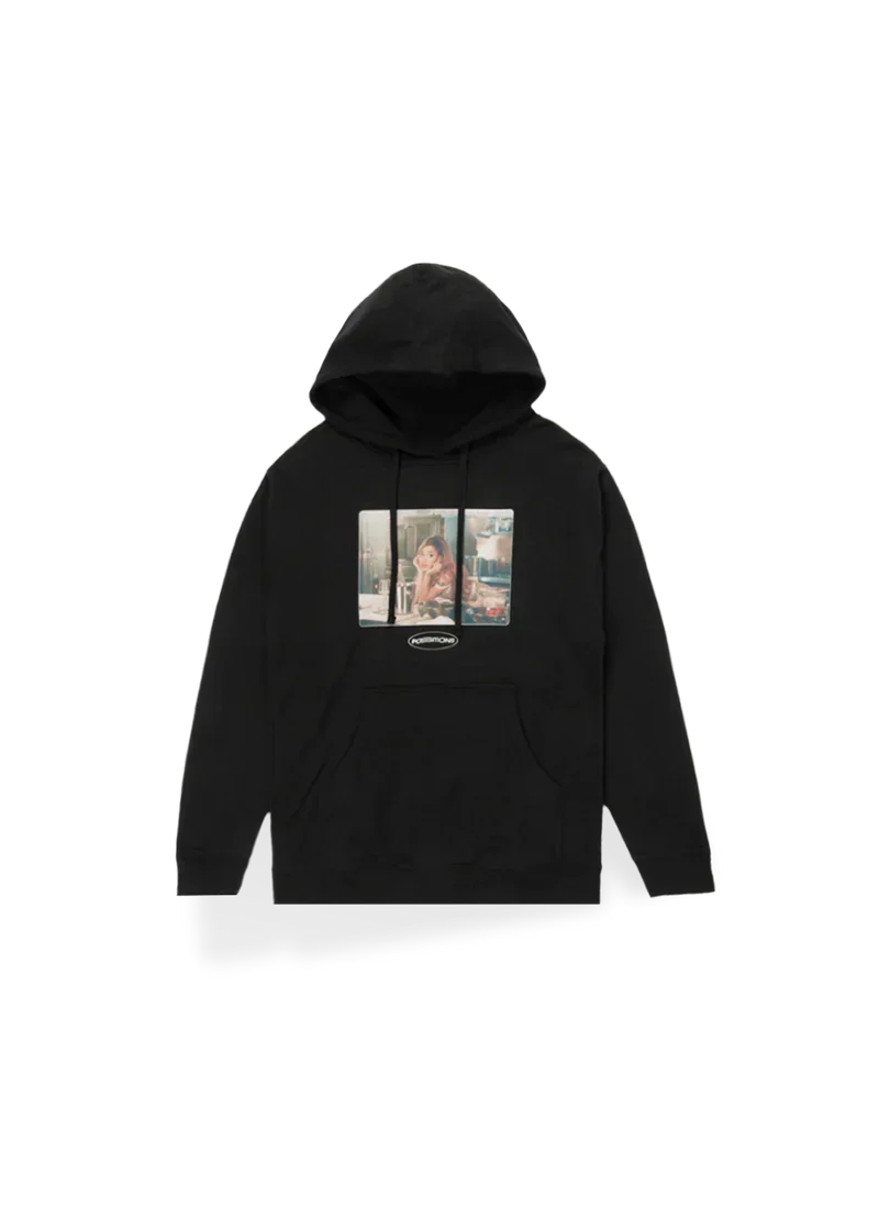 Black Ariana Grande Positions photo hoodie front view with dreamy kitchen portrait graphic and album logo