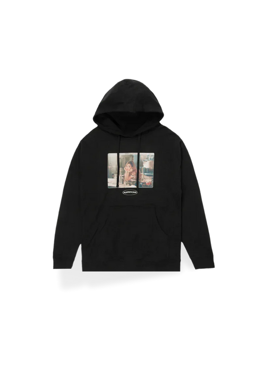 Black Ariana Grande Positions photo hoodie front view with dreamy kitchen portrait graphic and album logo
