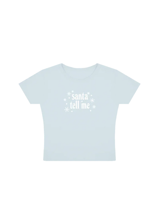 Ariana Grande Santa Tell Me light blue baby t-shirt with white snowflake holiday graphic front view