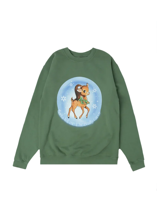 Green Ariana Grande Santa Tell Me crewneck with vintage deer holiday graphic and dreamy winter aesthetic