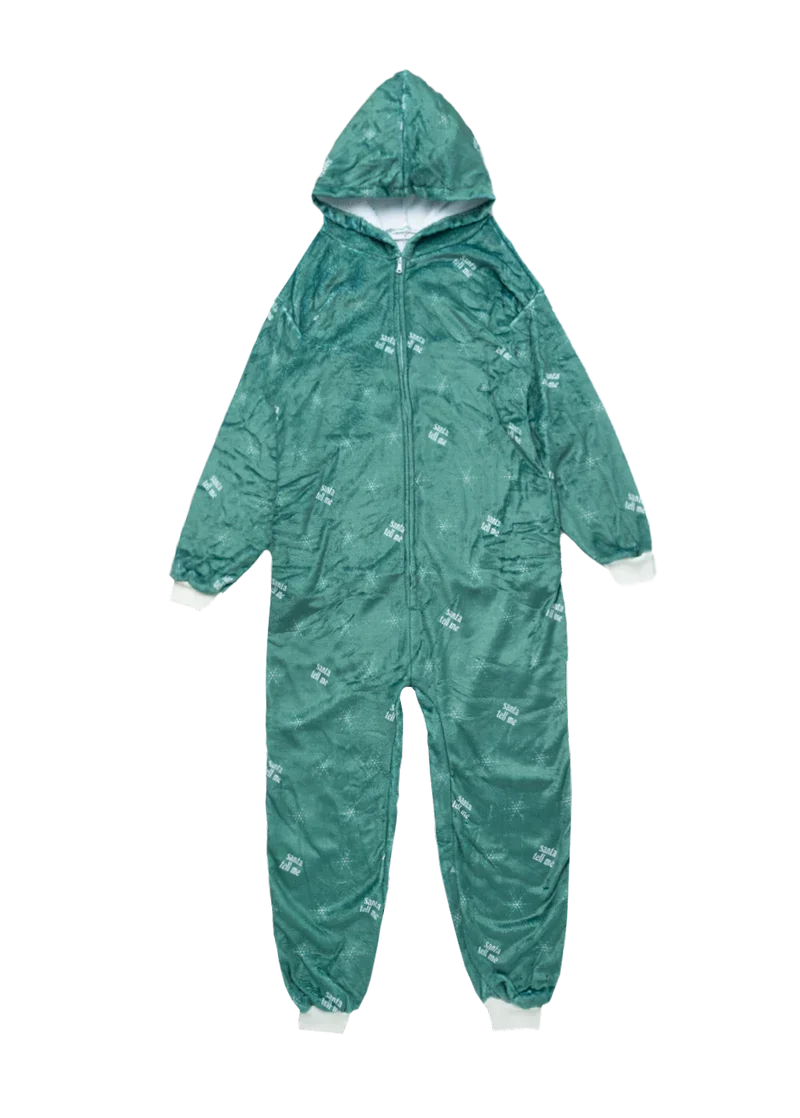 Green Ariana Grande Santa Tell Me fleece onesie with hood and white winter graphics front view
