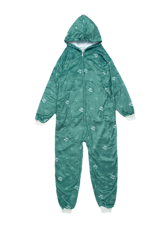 Green Ariana Grande Santa Tell Me fleece onesie with hood and white winter graphics front view